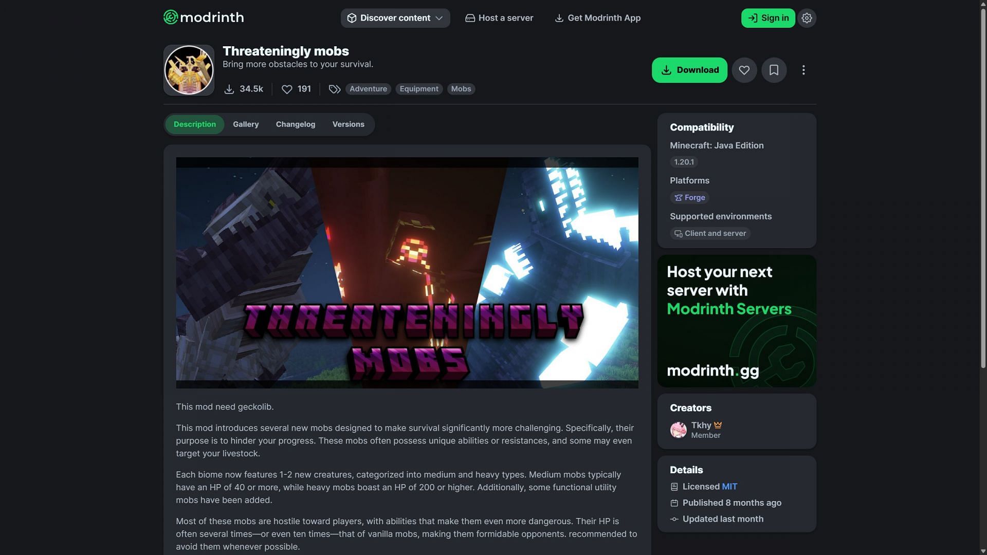 Threateningly mobs can be downloaded from the Modrinth website (Image via Modrinth/Thky)